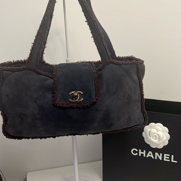 CHANEL Handbags - CHANEL Shearling Bag Navy Brown with gunmetal color Hardware 12.5”x6”x2.5”